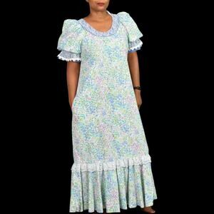 Vintage Hawaiian Dress Green Floral Column Maxi Muumuu Puff Sleeve Size Small